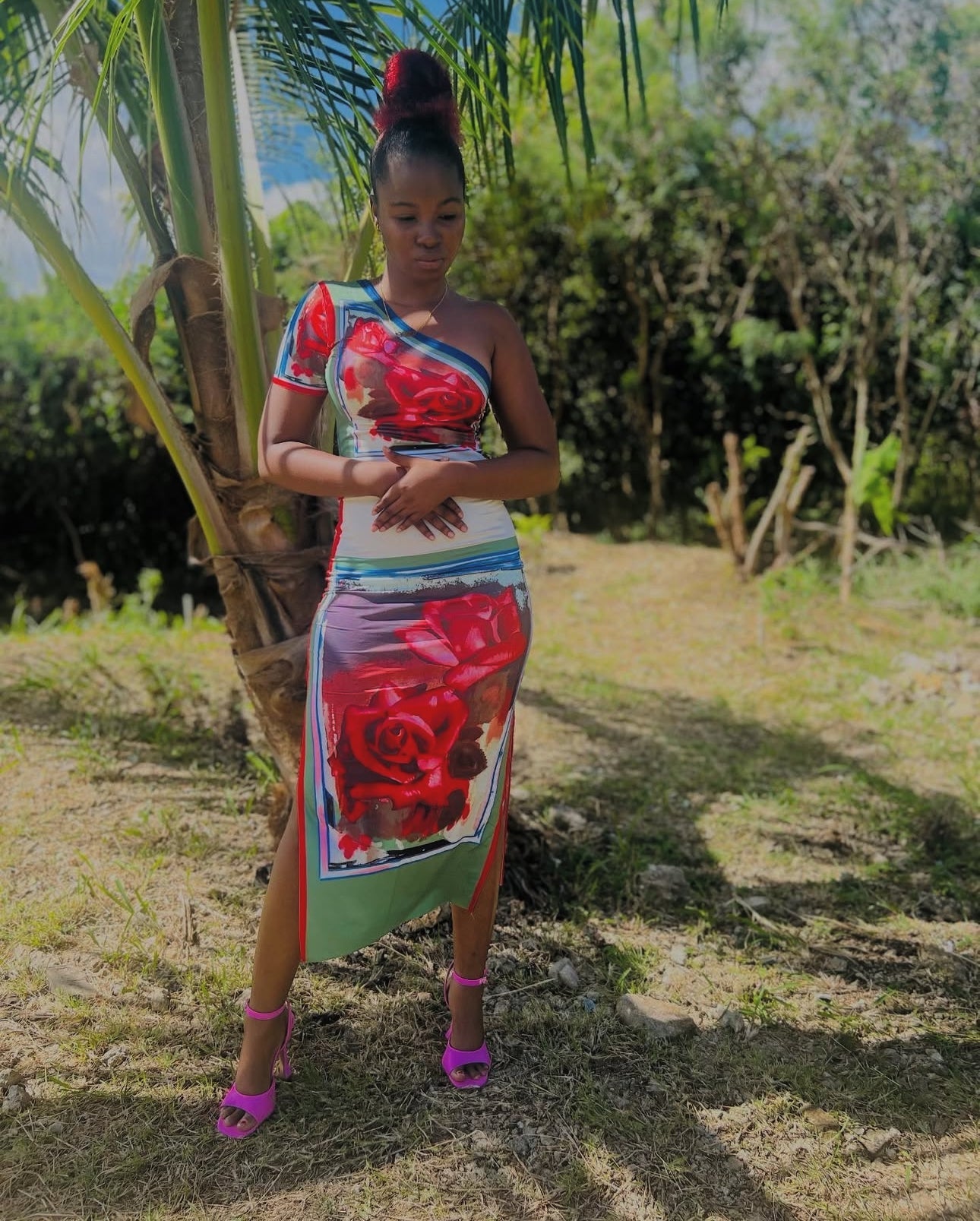Floral Print Slash Shoulder Two Piece Crop Top & Long Skirt
