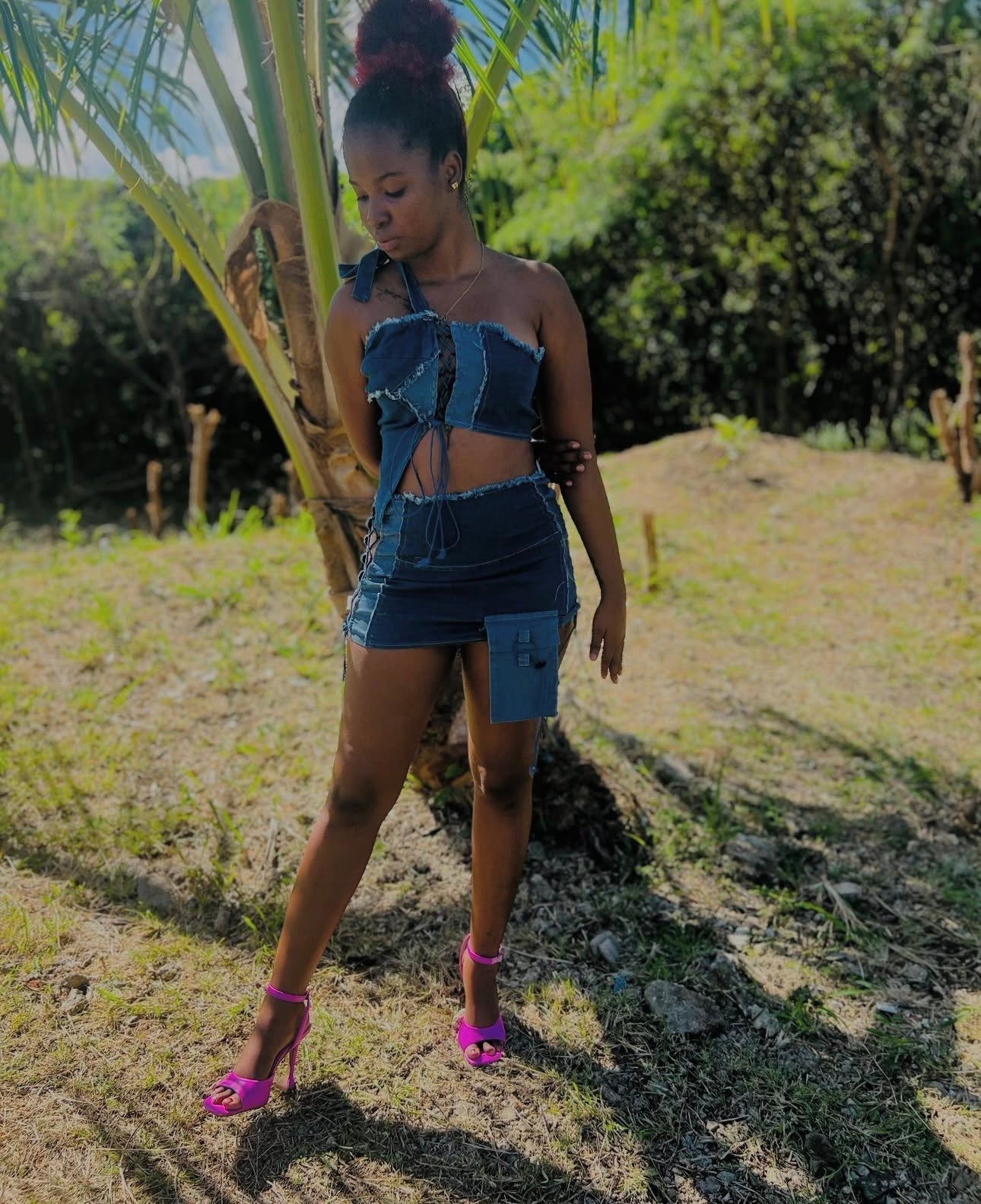 Denim Two Piece Wrapped Chest Top & Mini Skirt