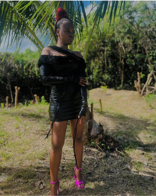 Fur Off-Shoulder Leather Mini Dress